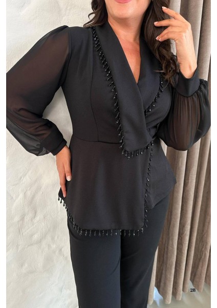 Büyük Beden Boncuk Işlemeli Şifon Kollu Siyah Abiye Pantolon Takım 024K fiyatları