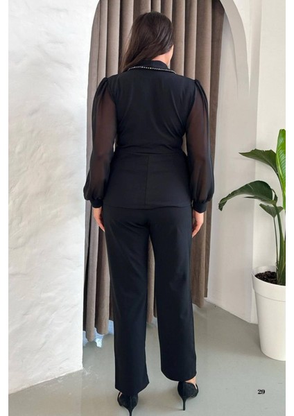 Büyük Beden Boncuk Işlemeli Şifon Kollu Siyah Abiye Pantolon Takım 024K modelleri