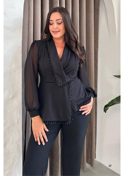 Büyük Beden Boncuk Işlemeli Şifon Kollu Siyah Abiye Pantolon Takım 024K fırsatları