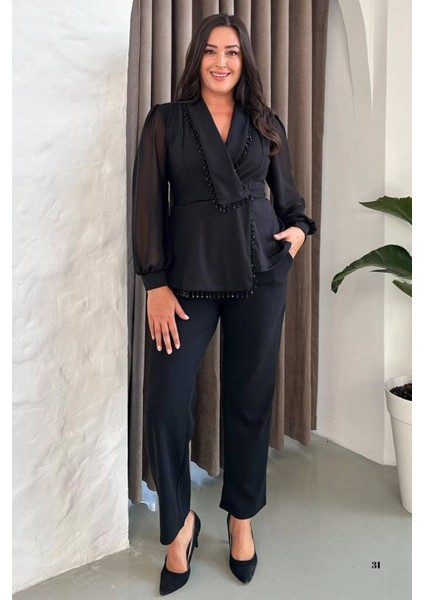 Büyük Beden Boncuk Işlemeli Şifon Kollu Siyah Abiye Pantolon Takım 024K indirimleri