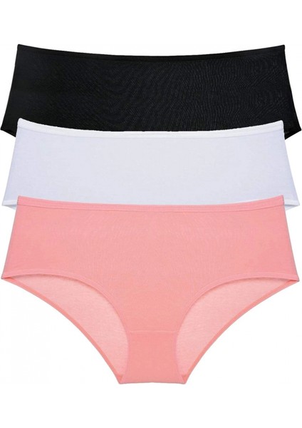 3 Adet Kadın Yüksek Bel Bato Külot Siyah Beyaz Pudra