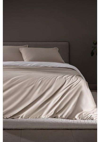 Yeni Sezon Verne King Size %100 Pamuk Biyeli Baskılı Saten Nevresim Takımı - Bej/beyaz - Bej/beyaz
