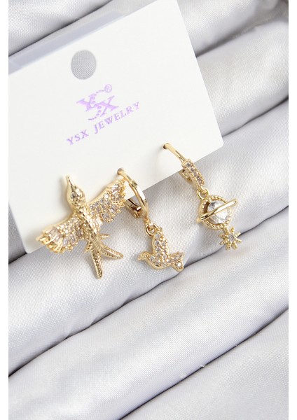 Pirinç Zirkon Taşlı 3'lü Kuş Model Gold Renk Kadın Küpe - TJ-BKP11133