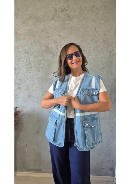 Cep Detaylı Kot Yelek