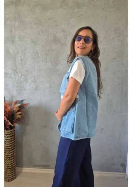 Cep Detaylı Kot Yelek modelleri