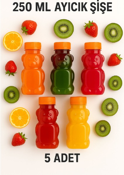 5 Adet Ayıcık Şişe – Turuncu Kapaklı, Okul ve Piknik Için Eğlenceli Çocuk Meyve Suyu Şişesi 250 ml