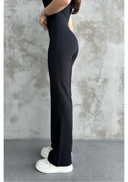 Kadın Siyah Yüksek Bel Toparlayıcı Ispanyol Paça Palazzo Pantolon