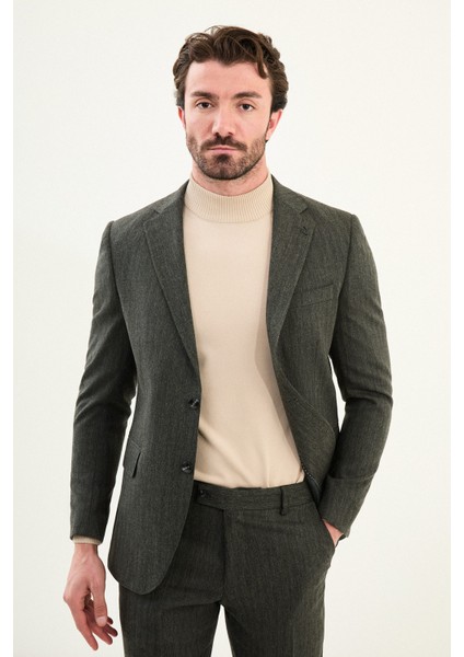 Desenli Slim Fit Mono Yaka Yün Erkek Takım Elbise