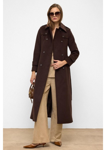 Pelerin Detaylı Kruvaze Uzun Boy Kaban Kahve 3087