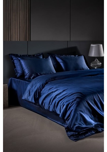 Yeni Sezon Thalie King Size %100 Pamuk Çizgili 300 Tc Saten Nevresim Takımı - Lacivert - Lacivert