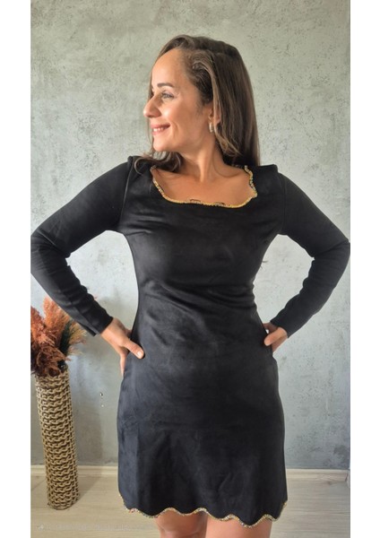 Kare Yaka Işıltılı Süet Elbise fırsatları