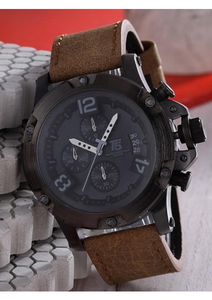 Erkek Kol Saati – Büyük Kasa – Kahverengi Deri Kordon – Takvimli & Kronograf – Su Geçirmez