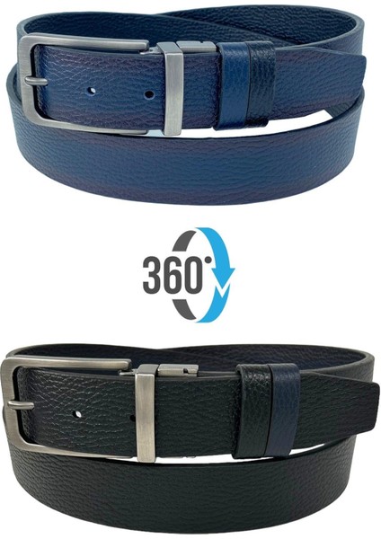 Çift Taraflı Hakiki Deri 3.5 Cm.lik Klasik Dönerli Tokalı Kemer Lacivert/siyah - XD-300-805-ST