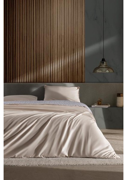 Yeni Sezon Bern King Size %100 Pamuk Baskılı Saten Nevresim Takımı - Bej - Bej
