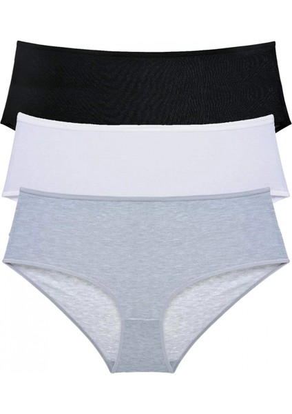 3 Adet Kadın Yüksek Bel Bato Külot Siyah Beyaz Gri