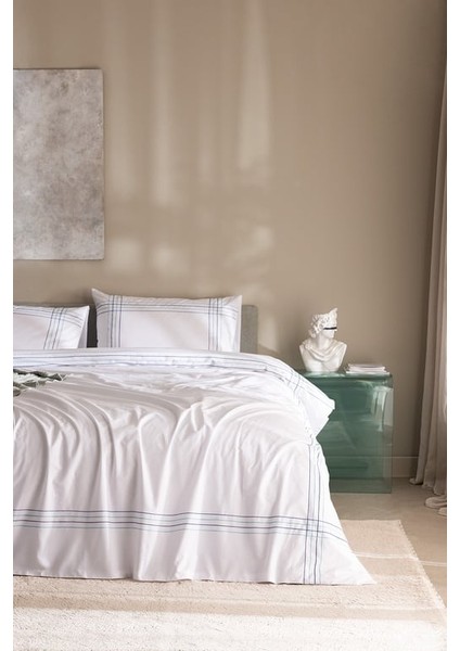 Yeni Sezon Holly King Size %100 Pamuk Nevresim Takımı - Beyaz/turkuaz - Beyaz/turkuaz