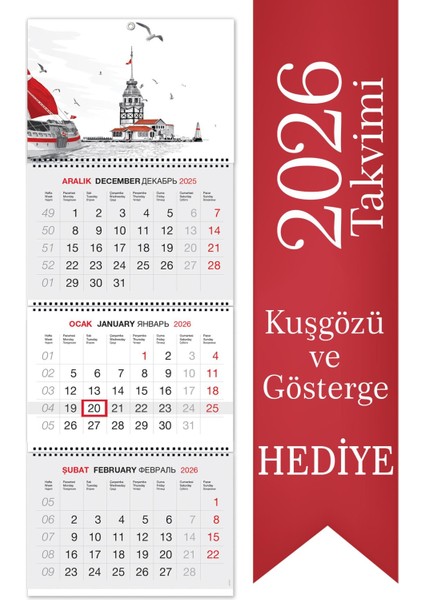 2026 Jumbo Boy Kuşe Gemici Takvimi Denizci Duvar Takvimi 33X92,5 cm