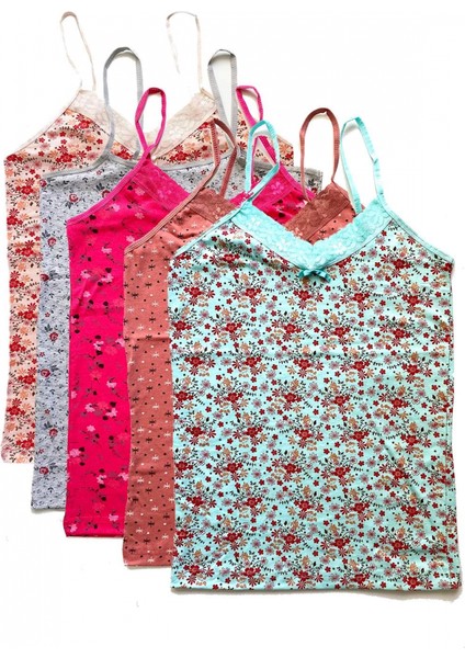 5 Adet Kadın Askılı Desenli Atlet Dantelli Empirme Pamuklu Penye D1-5