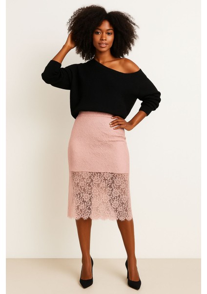 Yüksek Bel Dantel Astarlı Midi Etek