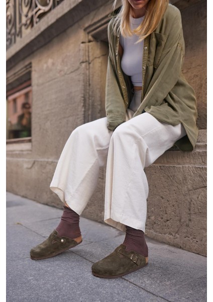 Oslo Hakiki Deri Mantar Taban Ortopedik Unisex Terlik