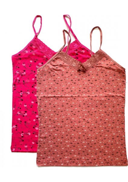 2 Adet Kadın Askılı Desenli Atlet Dantelli Empirme Pamuklu Penye D3-4