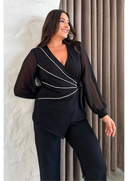Büyük Beden Beyaz Şeritli Kruvaze Yaka Siyah Abiye Pantolon Takım 027