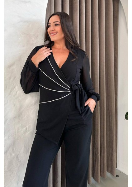 Büyük Beden Beyaz Şeritli Kruvaze Yaka Siyah Abiye Pantolon Takım 027 fiyatları