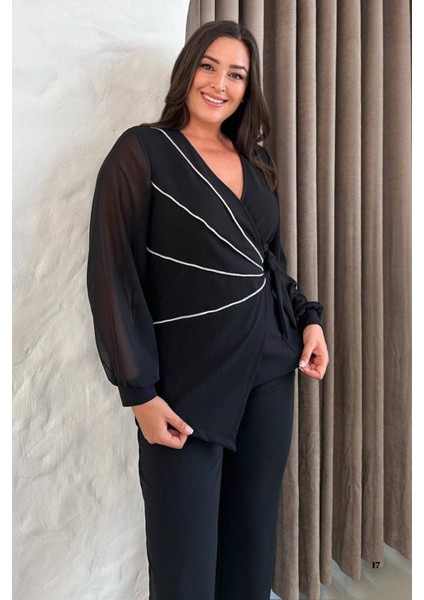 Büyük Beden Beyaz Şeritli Kruvaze Yaka Siyah Abiye Pantolon Takım 027 modelleri