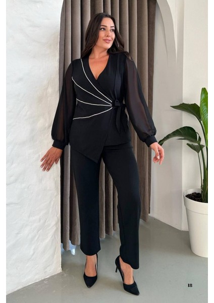 Büyük Beden Beyaz Şeritli Kruvaze Yaka Siyah Abiye Pantolon Takım 027 fırsatları