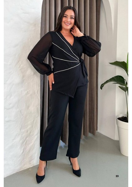 Büyük Beden Beyaz Şeritli Kruvaze Yaka Siyah Abiye Pantolon Takım 027 indirimleri