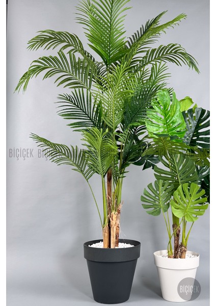 Yapay Areka-Büyük Boy Palmiye Ağacı 4 Bambu Gövdeli ve Monstera-Devetabanı Ağacı Yalı Saksıda