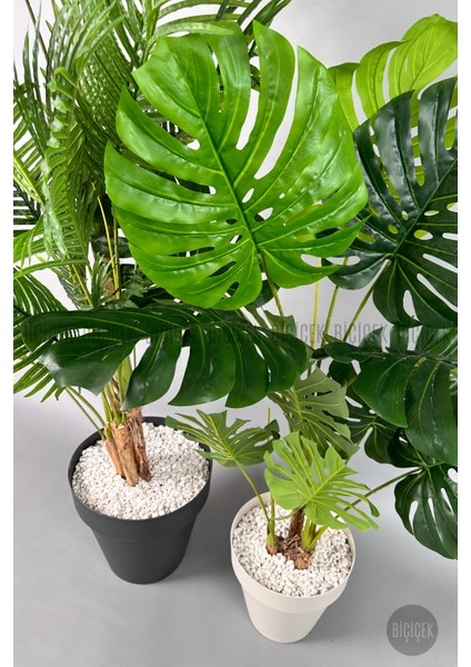 Yapay Areka-Büyük Boy Palmiye Ağacı 4 Bambu Gövdeli ve Monstera-Devetabanı Ağacı Yalı Saksıda