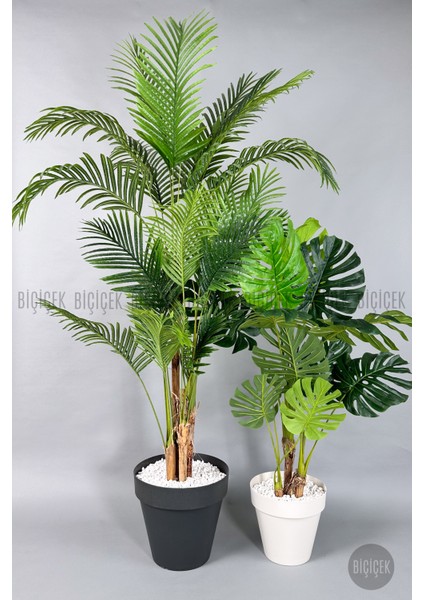 Yapay Areka-Büyük Boy Palmiye Ağacı 4 Bambu Gövdeli ve Monstera-Devetabanı Ağacı Yalı Saksıda