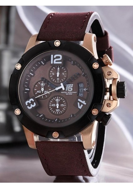 Erkek Kol Saati – Rose Gold Büyük Kasa – Kahverengi Deri Kordon – Kronograf & Takvim – Su Geçirmez