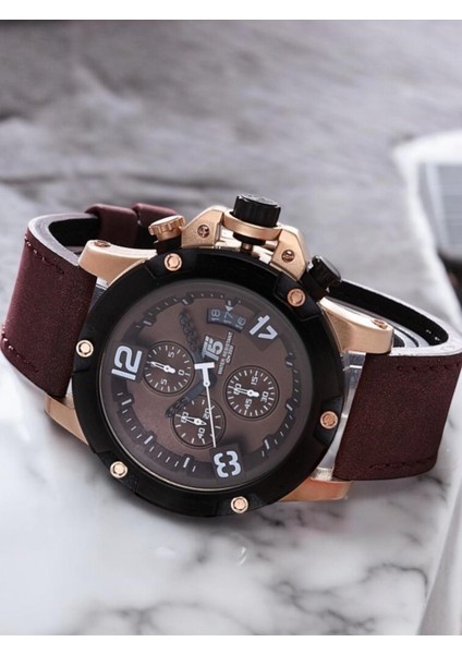 Erkek Kol Saati – Rose Gold Büyük Kasa – Kahverengi Deri Kordon – Kronograf & Takvim – Su Geçirmez fiyatları