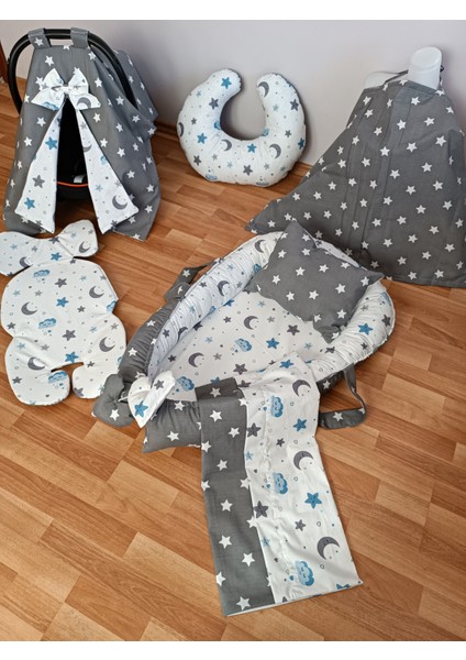 Mavi Bulutlu Koyu Yıldız Oval Yataklı 7 Parça Babynest Seti indirimleri