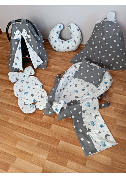 Mavi Bulutlu Koyu Yıldız Oval Yataklı 7 Parça Babynest Seti