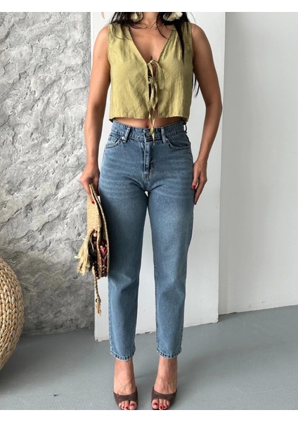 Mom Fit Bıyık Kar Yıkama Jeans Pantolon Koyu Mavi D2006 indirimleri