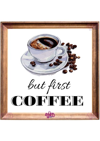 But First Coffee Yazılı Ahşap Çerçeve Görünümlü Dekoratif Alüminyum Duvar Panosu