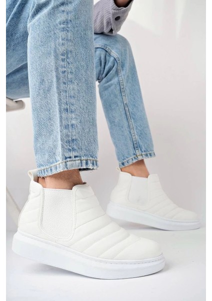 SLW205 Boston Bağcıksız Cilt Erkek Spor Bot Bt - Beyaz