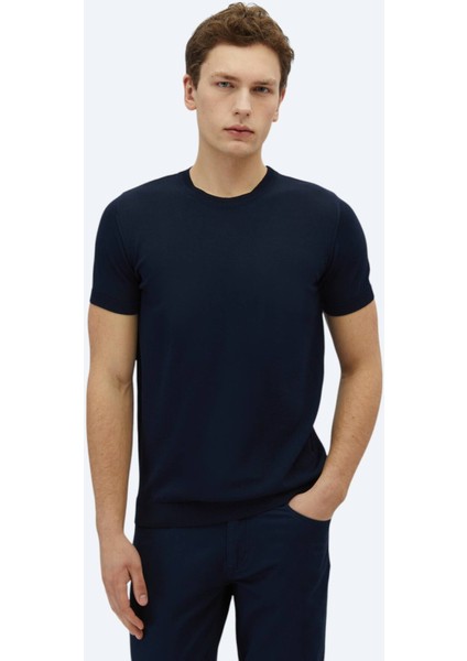 Lacivert Bisiklet Yaka Düz Örgü Triko