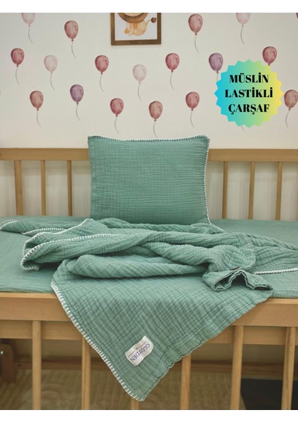 Bebek Nevresim Takımı Müslin Yeşil 70X110 – Müslin Lastikli Çarşaflı