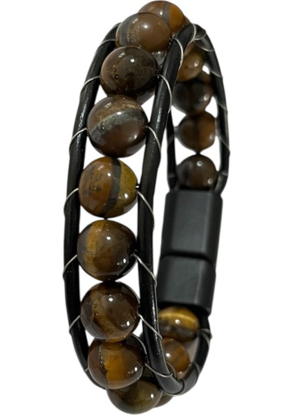 Erkek Bileklik Mıknatıslı Suni Deri Boncuk Taşlı Charm Hasır Örgü Bileklik