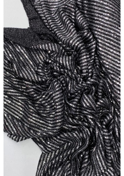 Sakallı Çizgili Pullu Kumaş Pullu Payet Kumaş Abiye Nişan Düğün Siyah