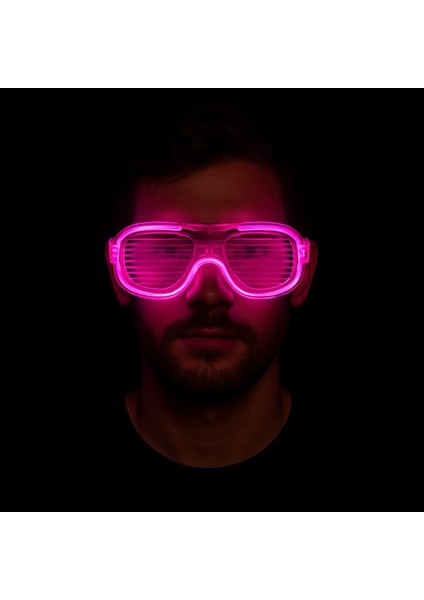 Pembe LED Işıklı Parti Gözlüğü - Neon Glow Şerit Gözlük 3 Modlu