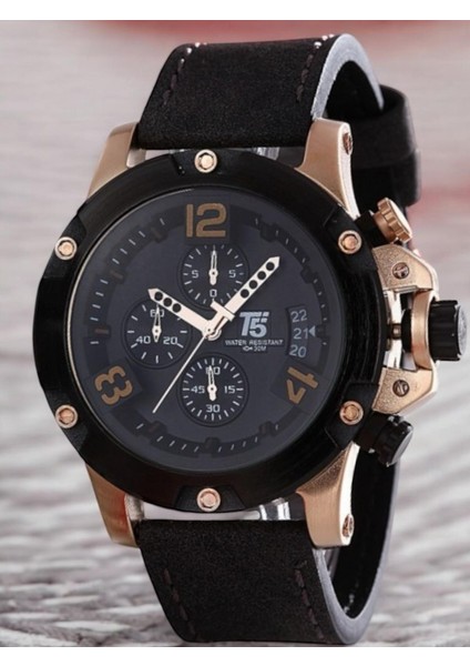 Erkek Kol Saati – Rose Gold Kasa – Siyah Deri Kordon – Kronograf & Takvim – Su Geçirmez