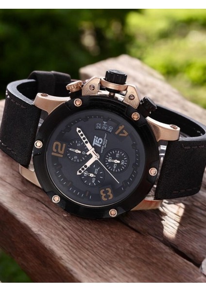 Erkek Kol Saati – Rose Gold Kasa – Siyah Deri Kordon – Kronograf & Takvim – Su Geçirmez fiyatları