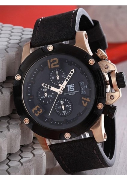 Erkek Kol Saati – Rose Gold Kasa – Siyah Deri Kordon – Kronograf & Takvim – Su Geçirmez modelleri