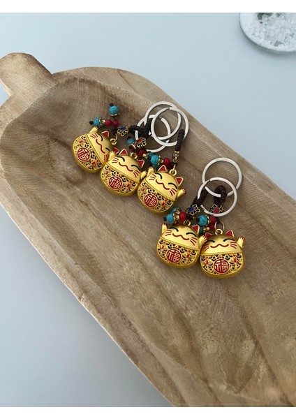 5'li Set Feng Shui Bereket ve Şans Kedisi Anahtarlığı (5 Adet Maneki Neko Kırmızı Detaylı Gold Anahtarlık) fiyatları