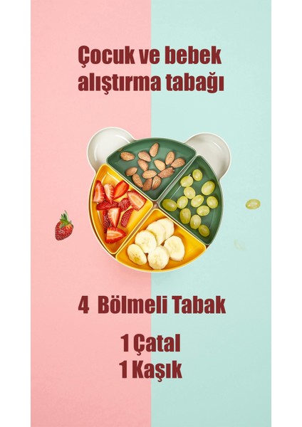 4 Bölmeli Ayı Model Mama ve Bebek Yemek Tabağı + Çatal Kaşık fırsatları